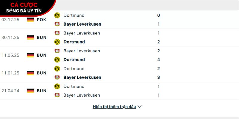 Thành tích so tài giữa Dortmund vs Bayer Leverkusen