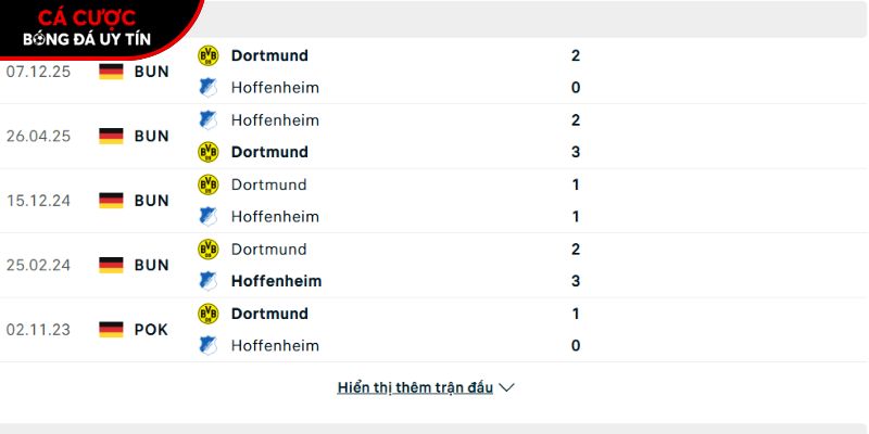 Thành tích so tài giữa Hoffenheim vs Dortmund